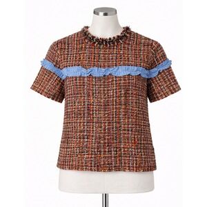 ZARA Tweed Blouse Womens XL Colorful Short Sleeve Ruffle Bohemian